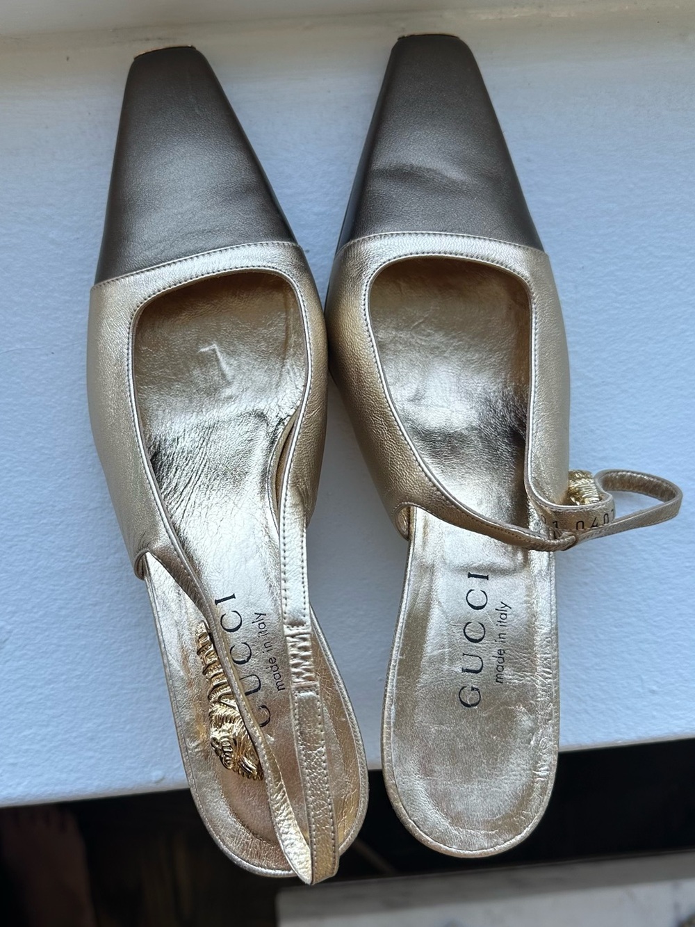 Gucci Metallic Gold and Pewter Slingback two-tone kitten heel